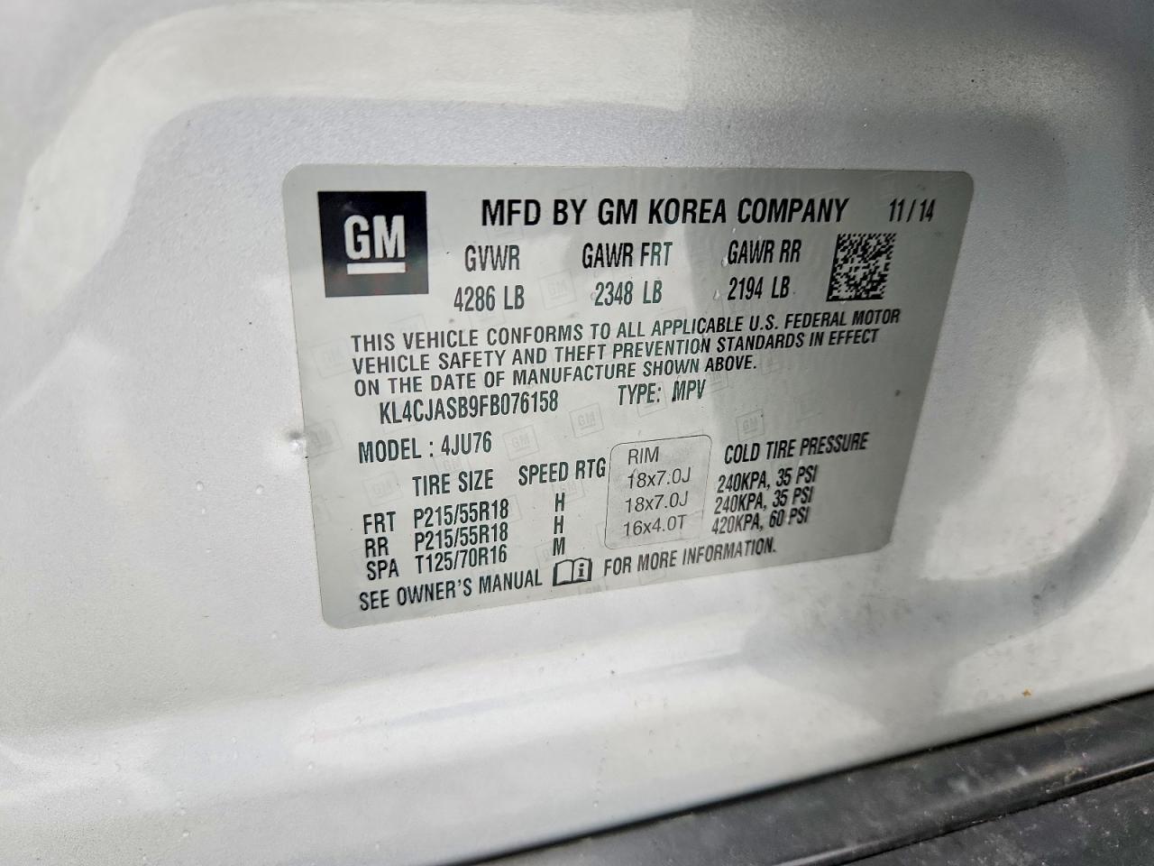 2015 Buick Encore Silver vin: KL4CJASB9FB076158