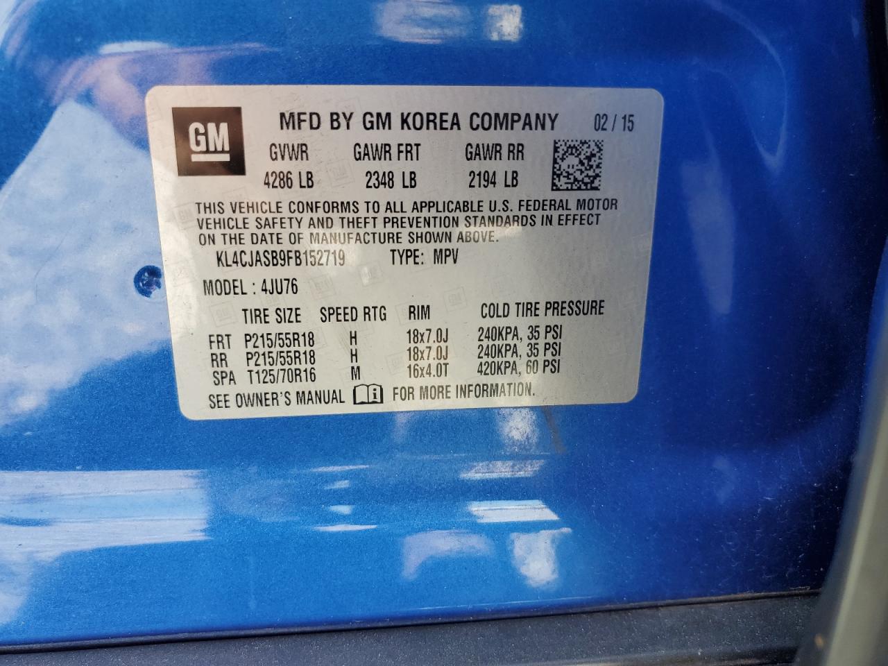 2015 Buick Encore Blue vin: KL4CJASB9FB152719