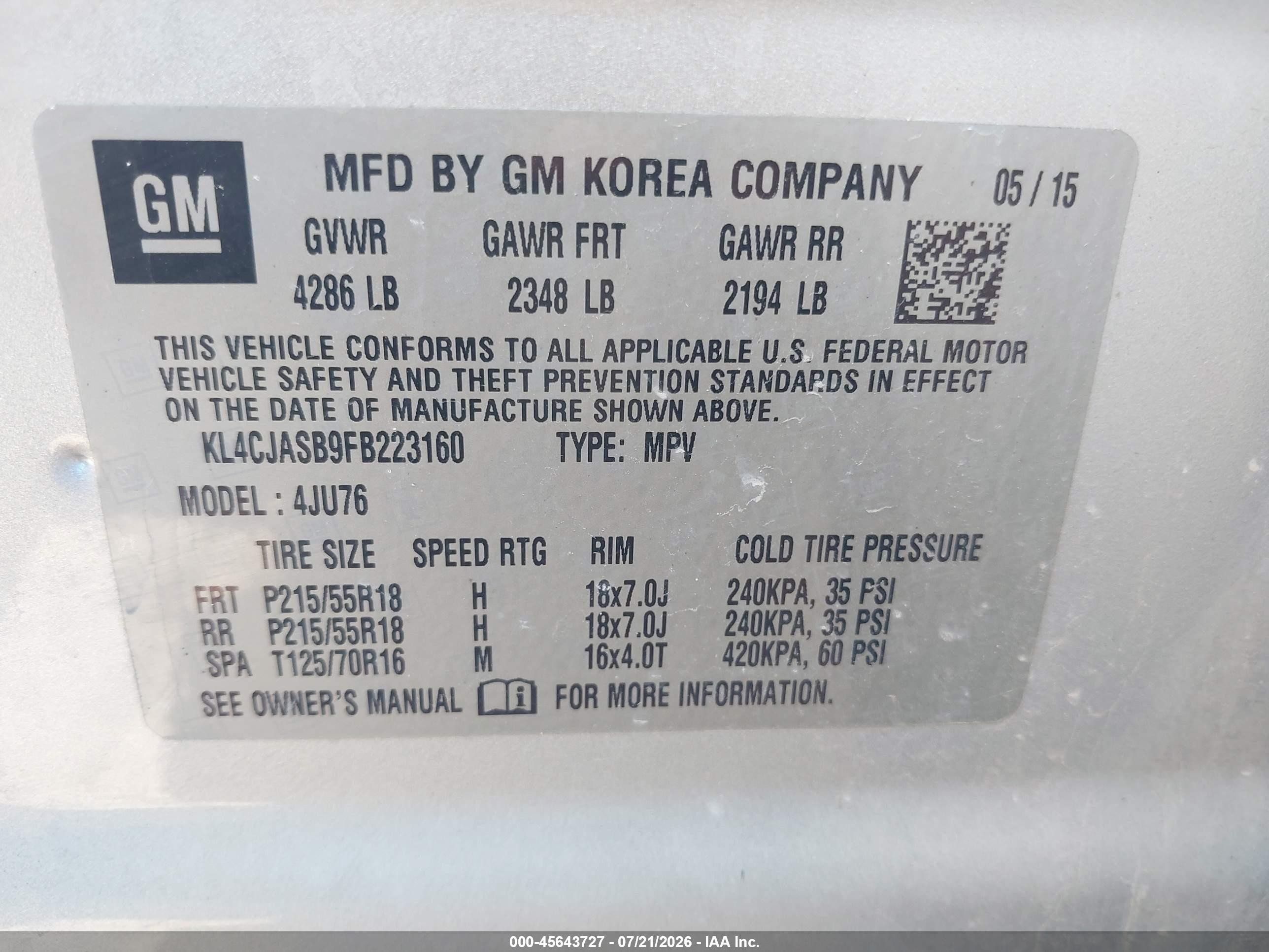 2015 Buick Encore   Silver vin: KL4CJASB9FB223160