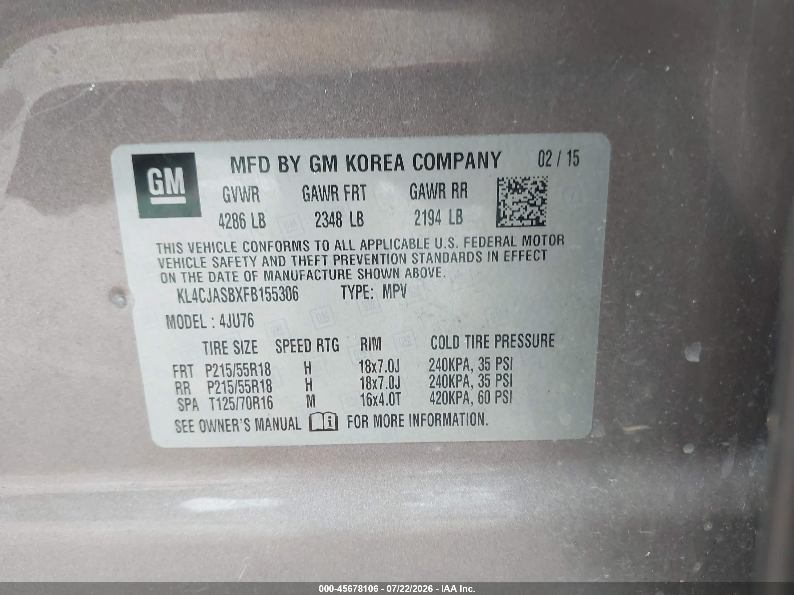 2015 Buick Encore   Brown vin: KL4CJASBXFB155306