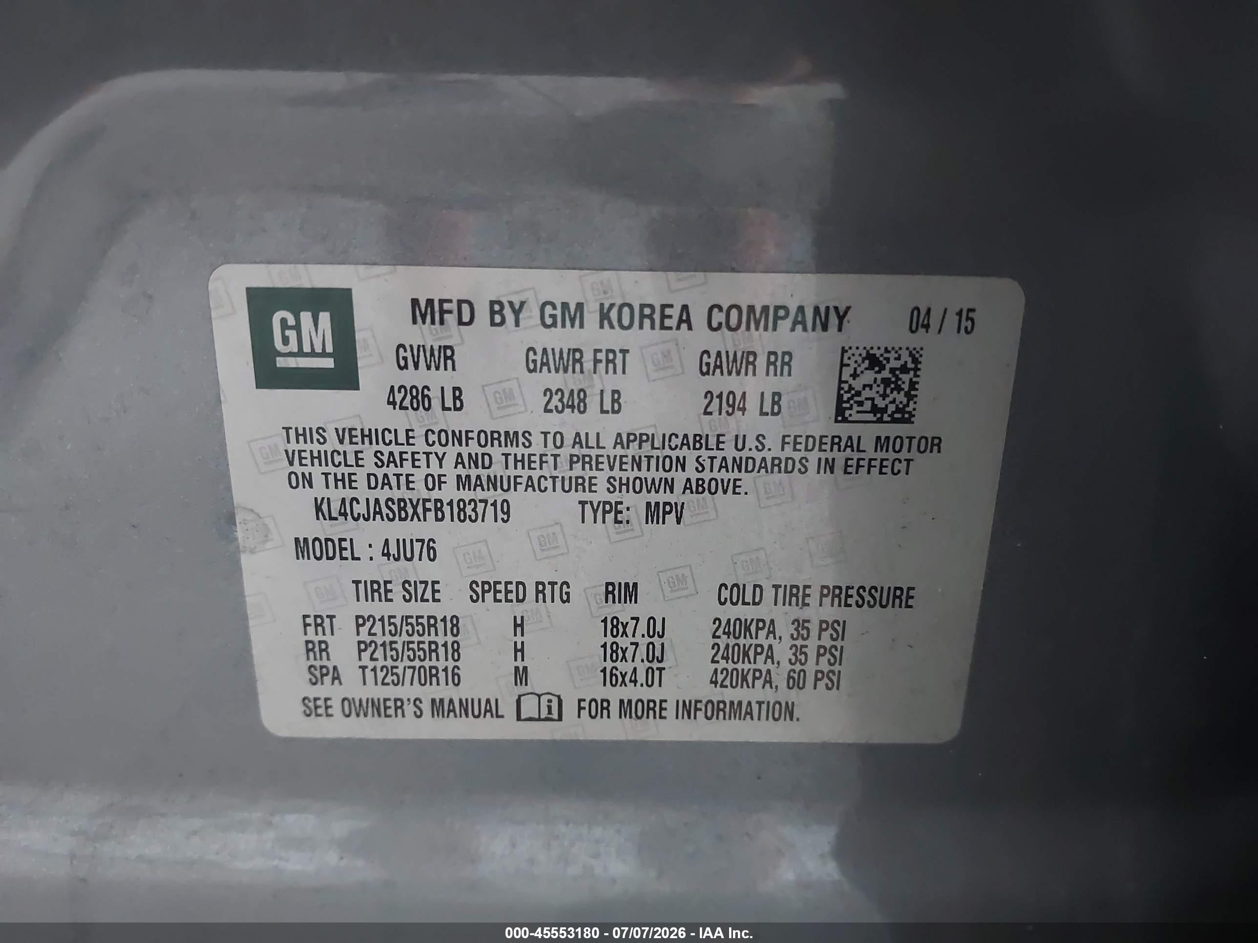 2015 Buick Encore Gray vin: KL4CJASBXFB183719