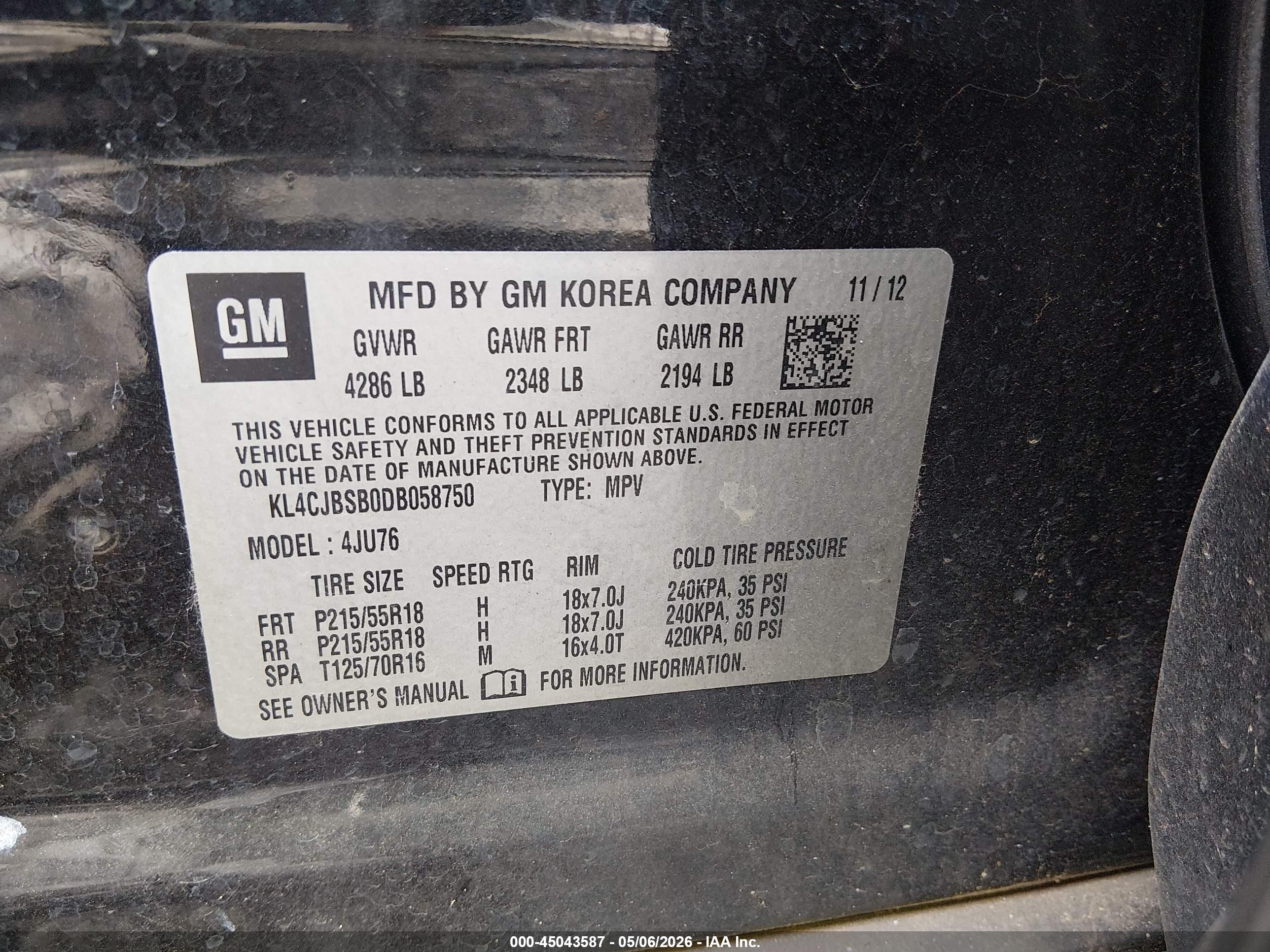 2013 Buick Encore Convenience Черный vin: KL4CJBSB0DB058750