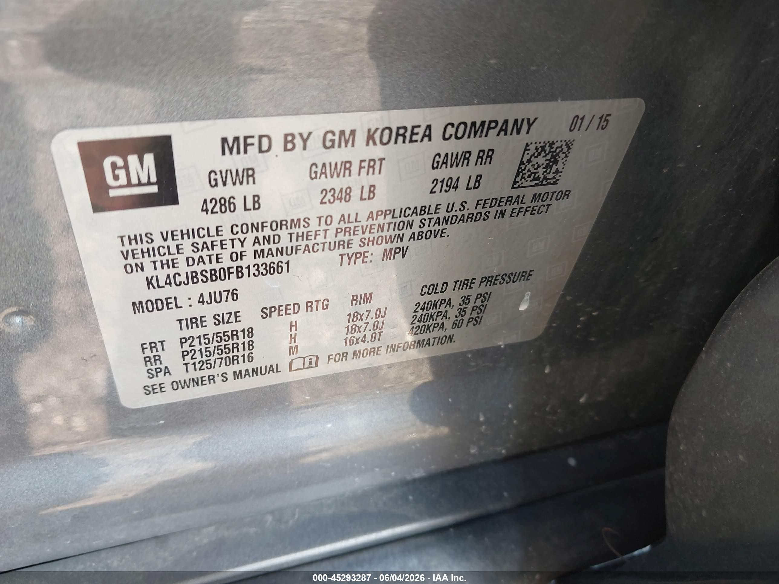 2015 Buick Encore Convenience Gray vin: KL4CJBSB0FB133661