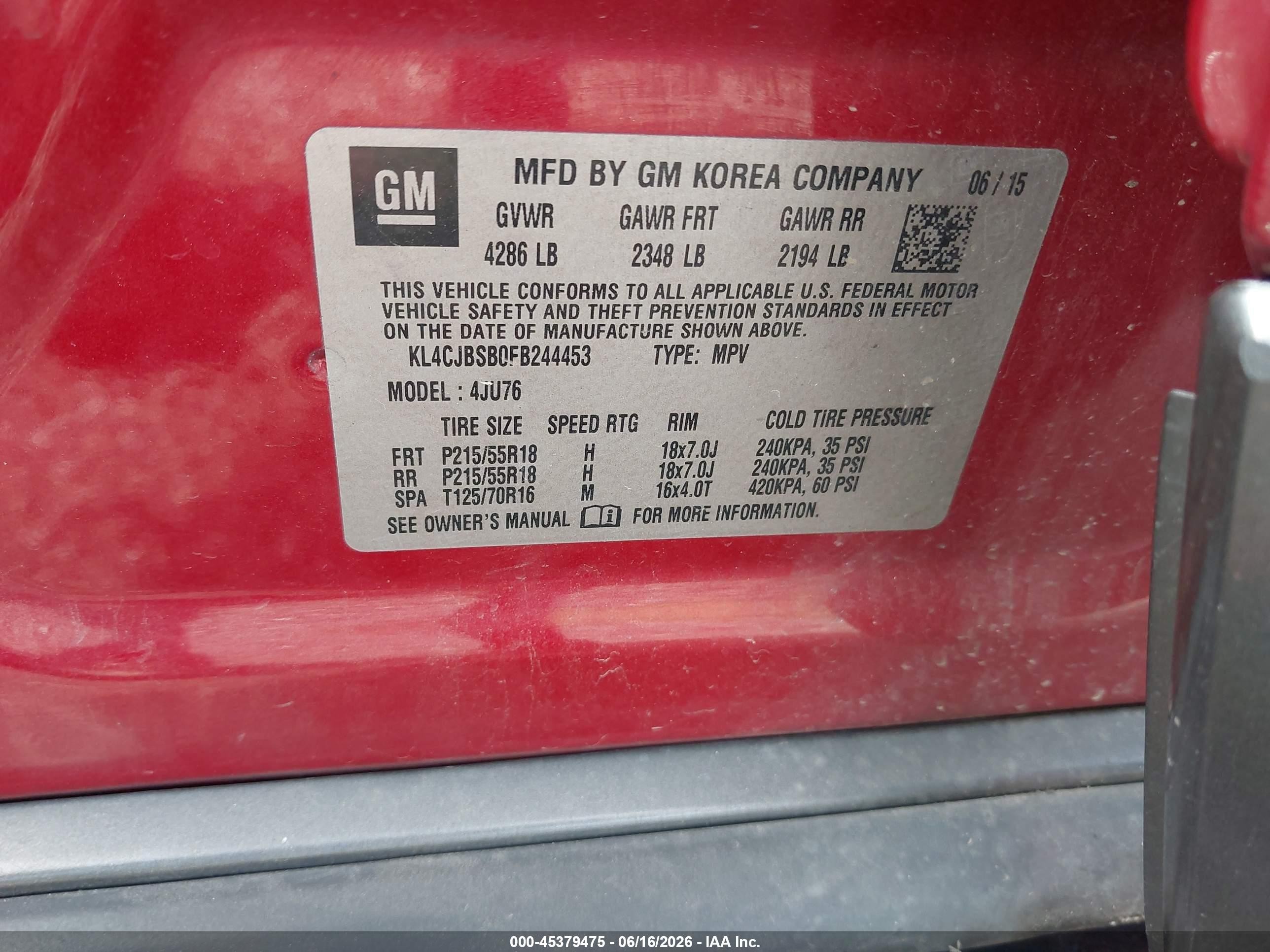 2015 Buick Encore Convenience Красный vin: KL4CJBSB0FB244453
