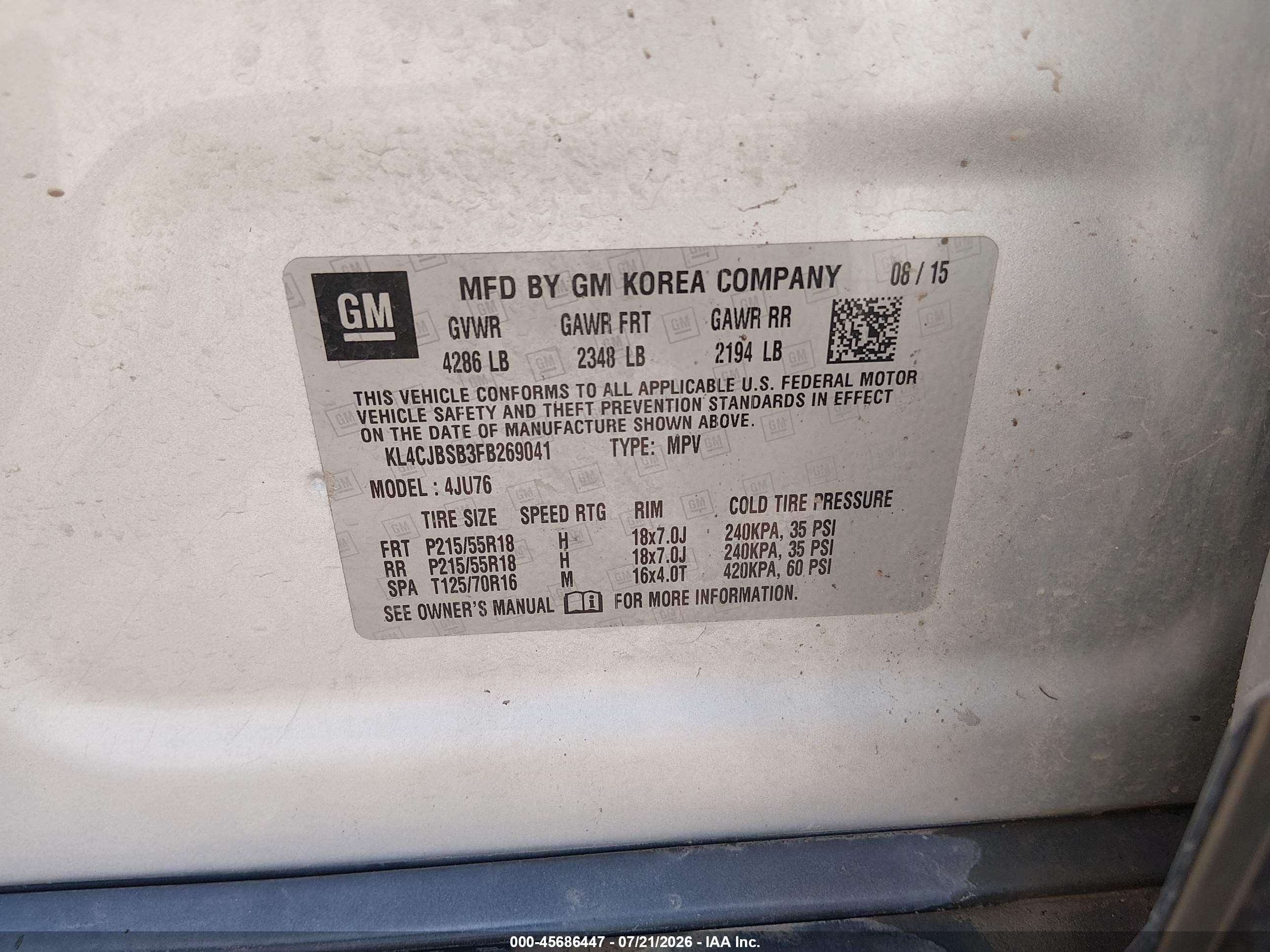 2015 Buick Encore Convenience Silver vin: KL4CJBSB3FB269041