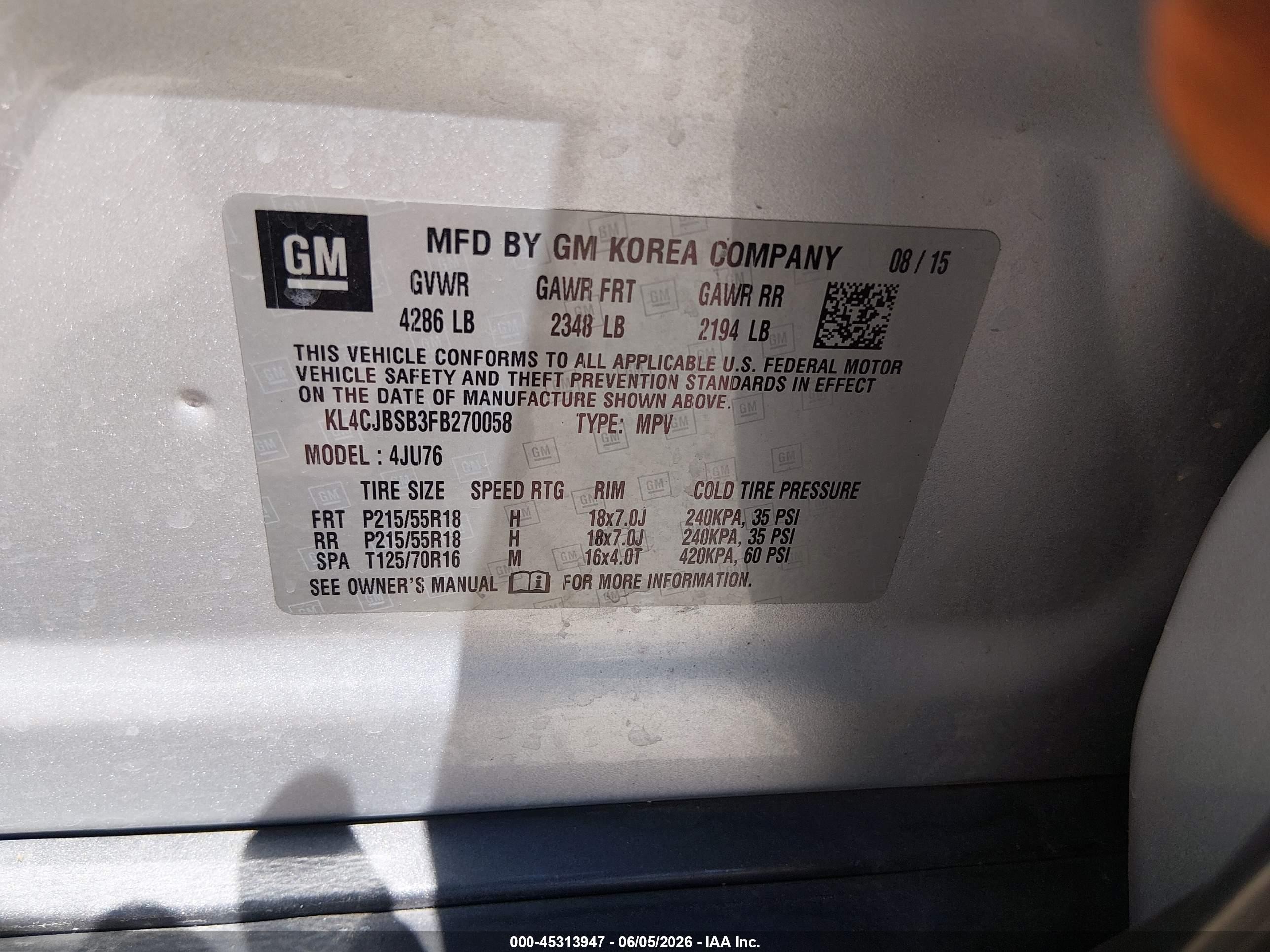2015 Buick Encore Convenience Silver vin: KL4CJBSB3FB270058