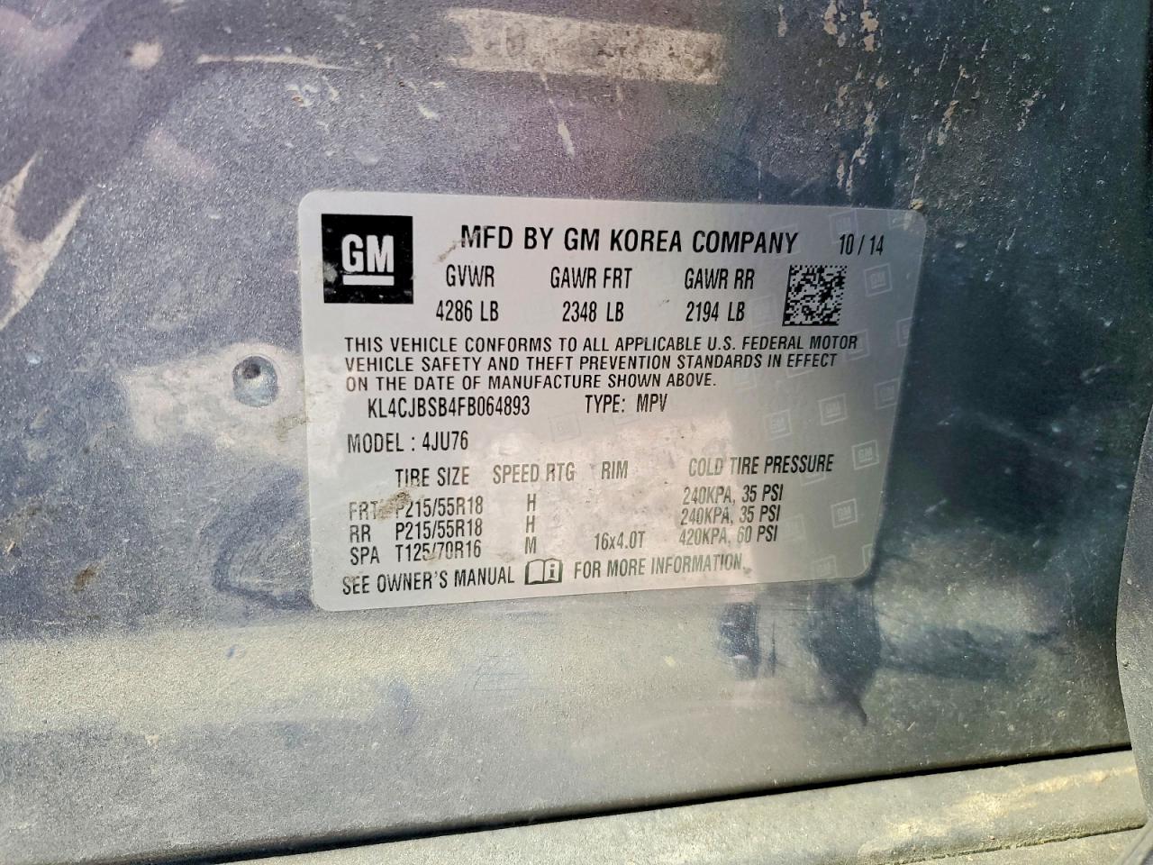 2015 Buick Encore Convenience Gray vin: KL4CJBSB4FB064893