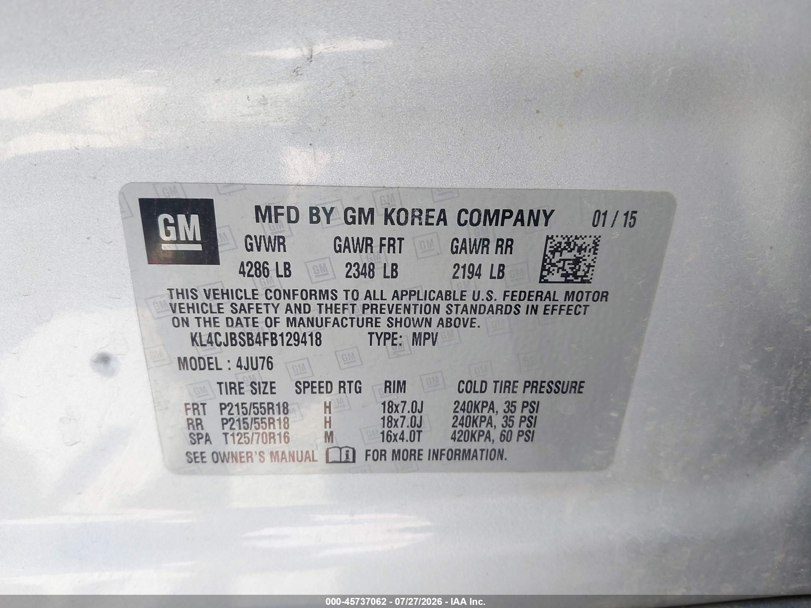 2015 Buick Encore Convenience Silver vin: KL4CJBSB4FB129418
