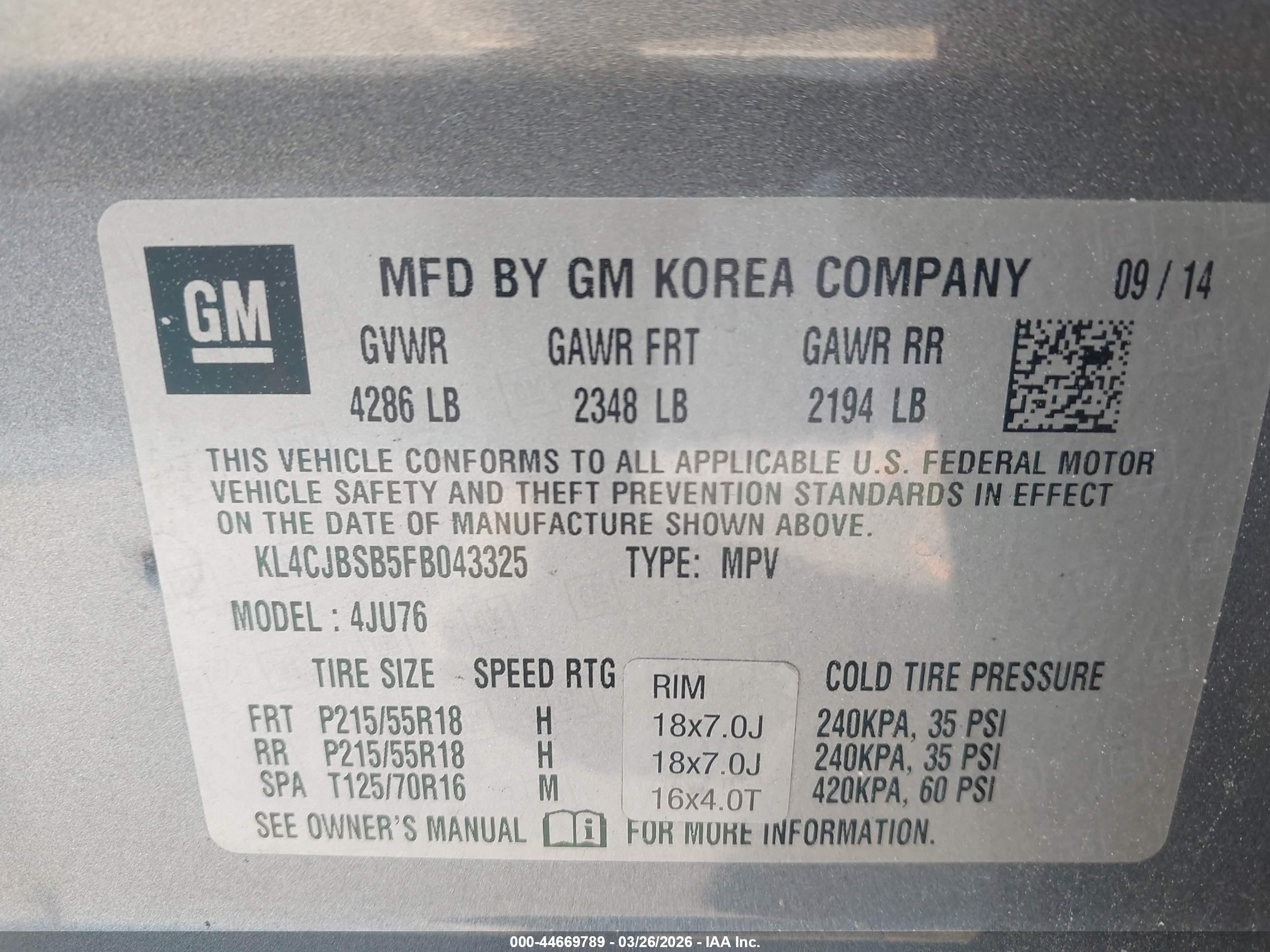 2015 Buick Encore Convenience Серебряный vin: KL4CJBSB5FB043325