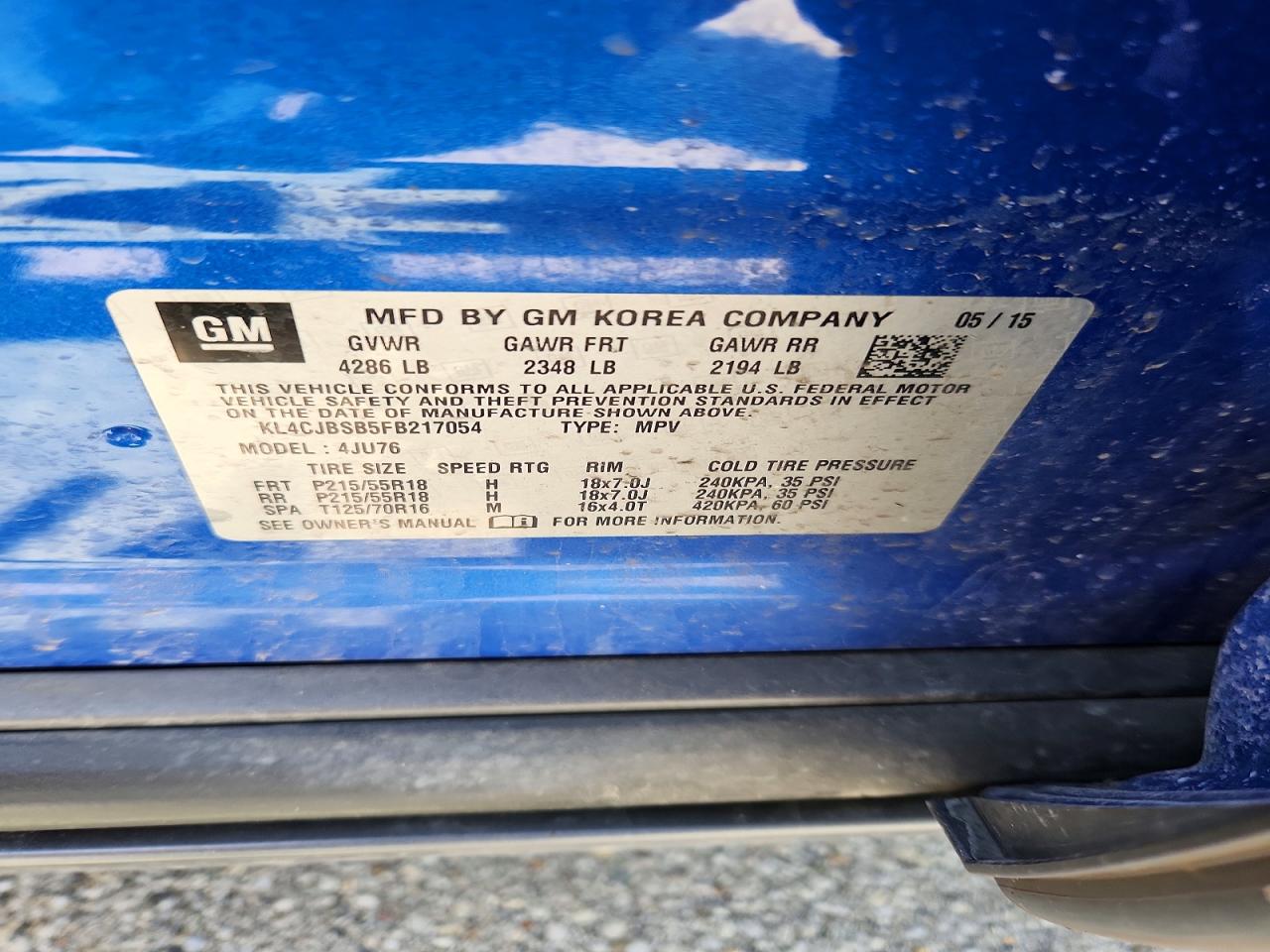 2015 Buick Encore Convenience Blue vin: KL4CJBSB5FB217054