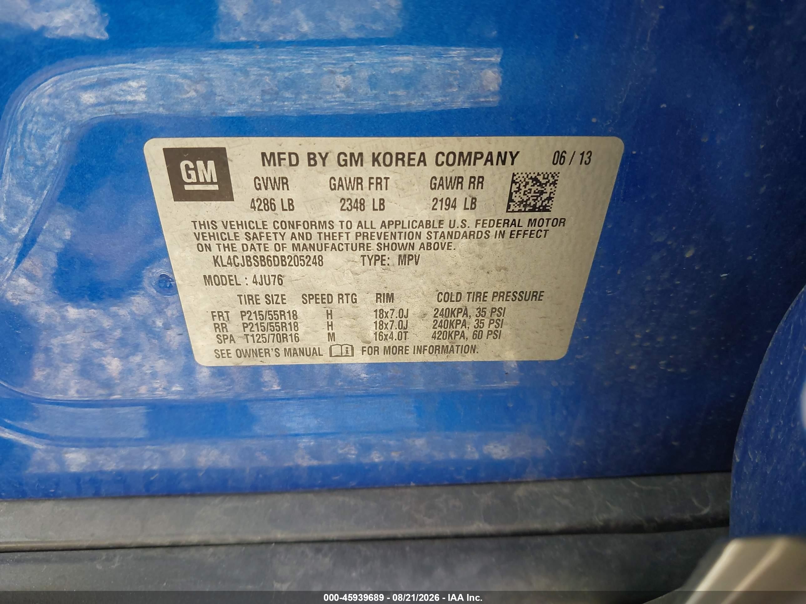 2013 Buick Encore Convenience Синий vin: KL4CJBSB6DB205248