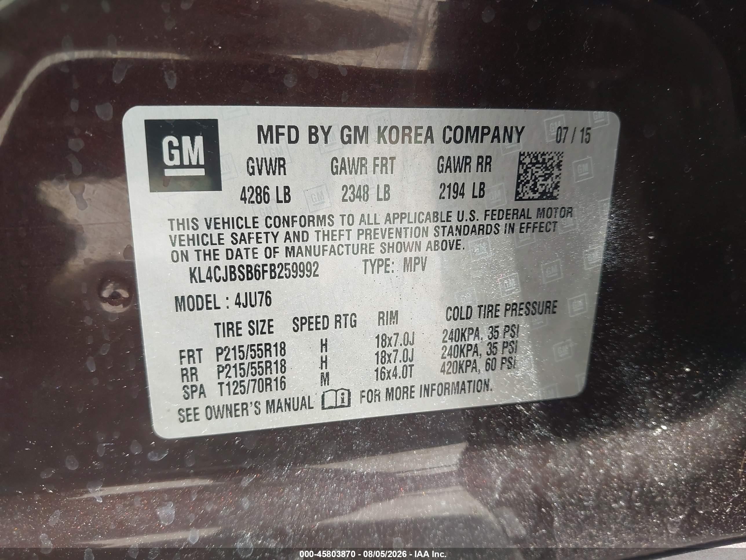 2015 Buick Encore Convenience Brown vin: KL4CJBSB6FB259992