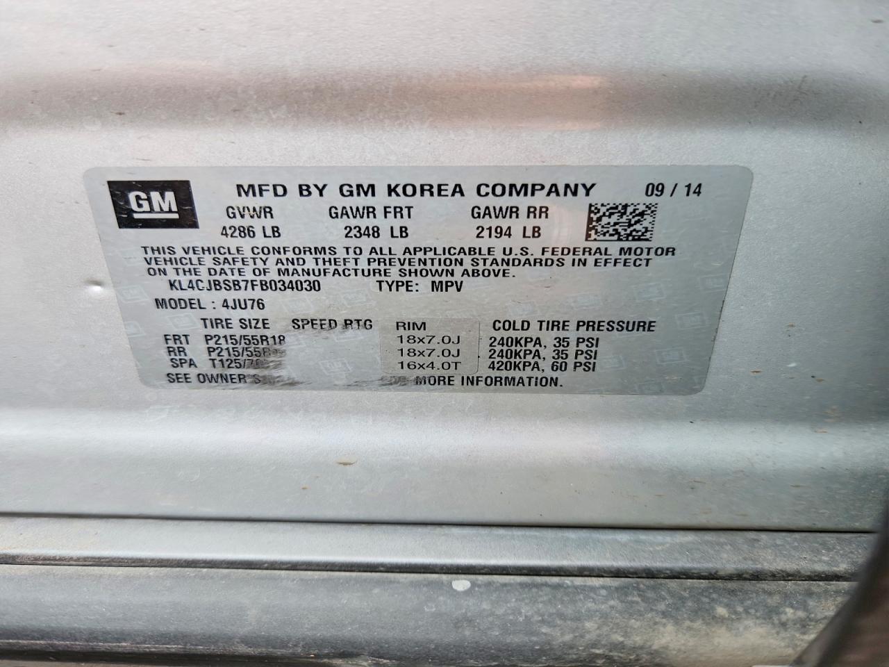 2015 Buick Encore Convenience Серебряный vin: KL4CJBSB7FB034030