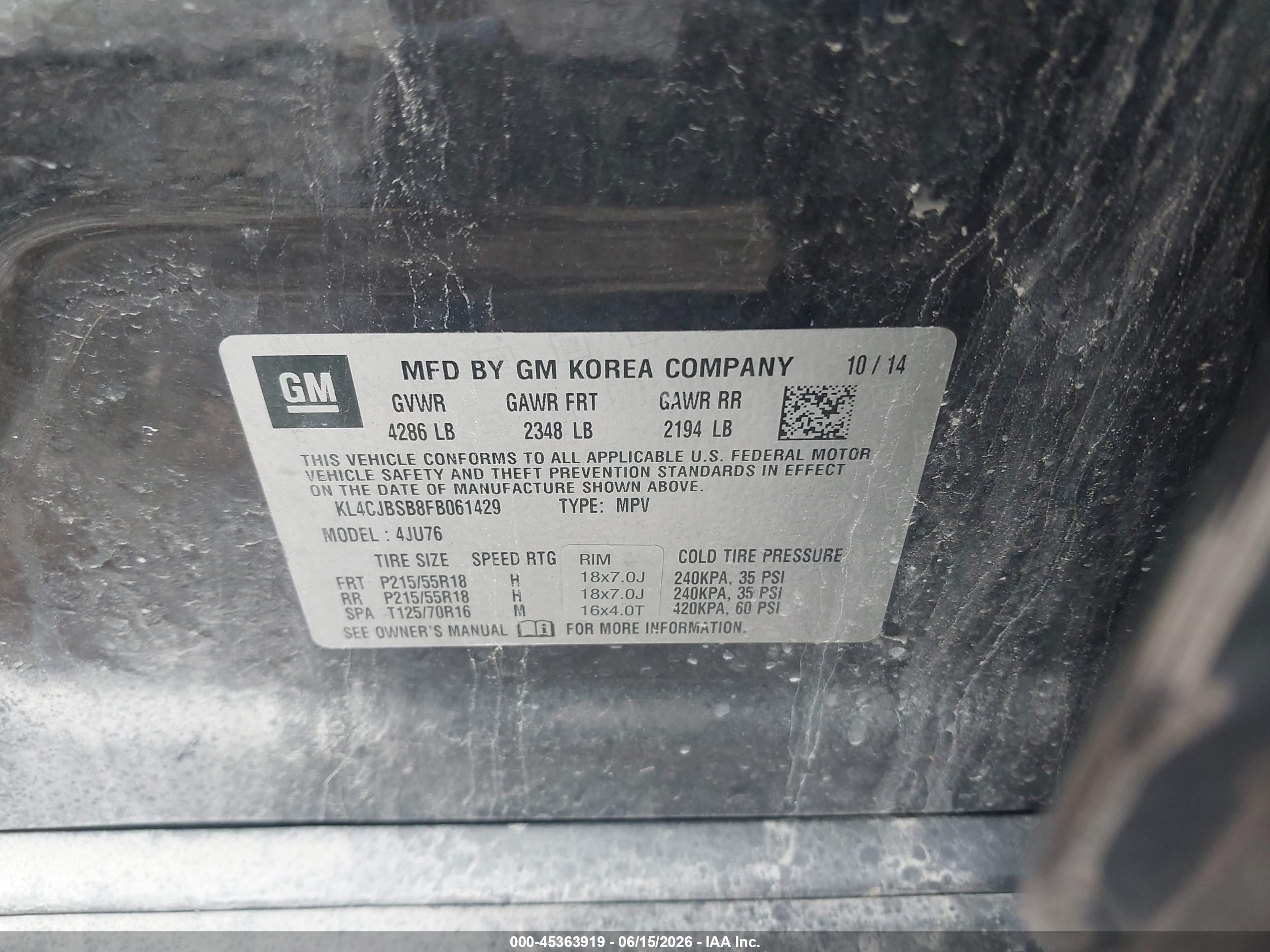 2015 Buick Encore Convenience Gray vin: KL4CJBSB8FB061429