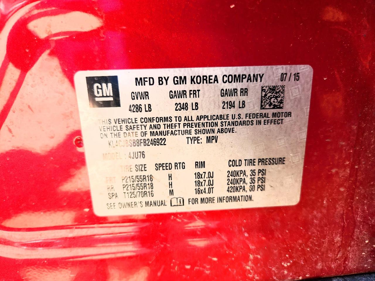 2015 Buick Encore Convenience Red vin: KL4CJBSB8FB246922