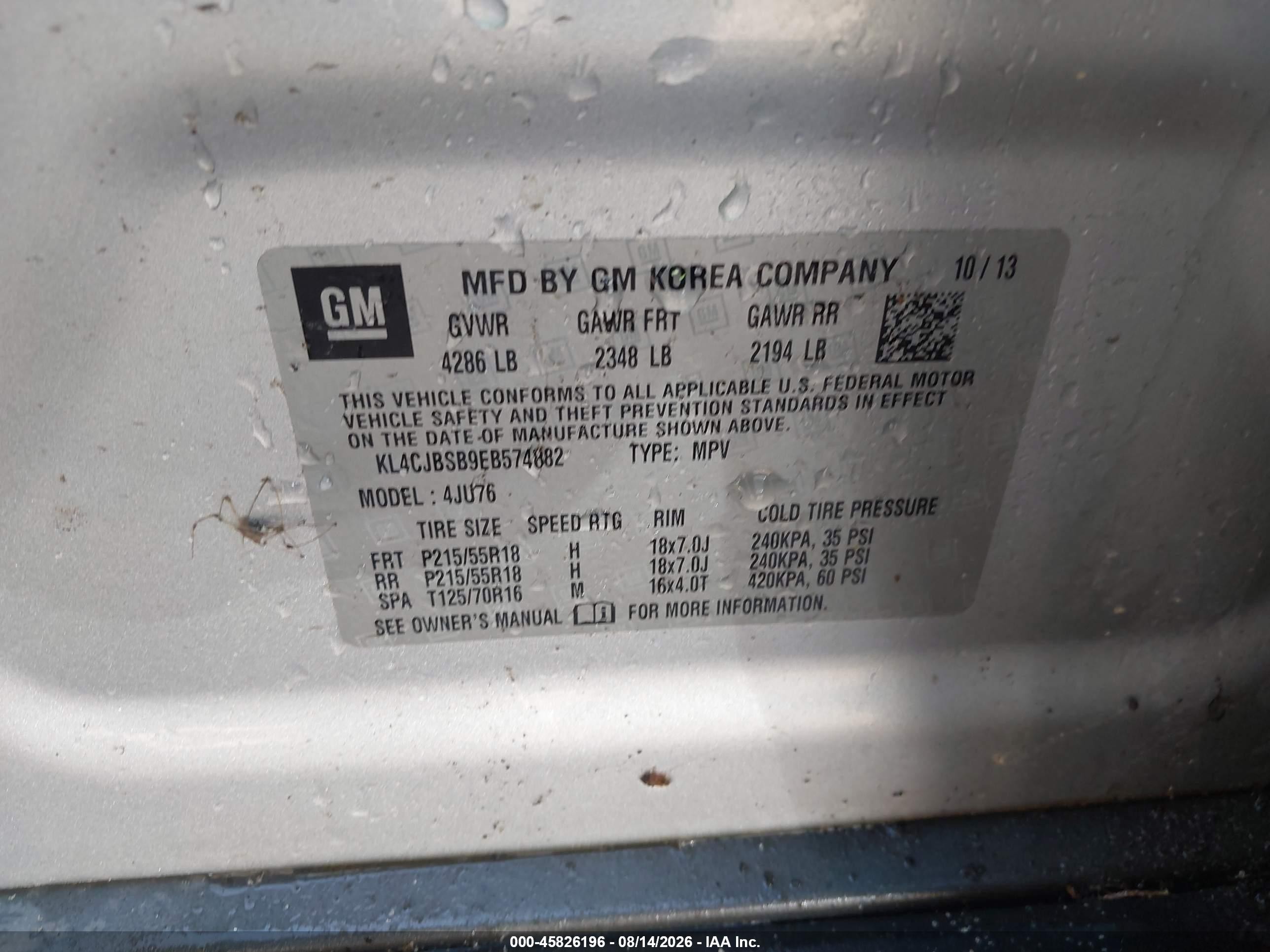 2014 Buick Encore Convenience Silver vin: KL4CJBSB9EB574882