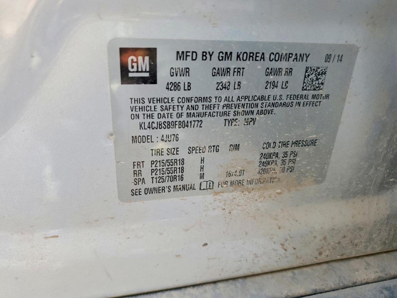 2015 Buick Encore Convenience Серый vin: KL4CJBSB9FB041772