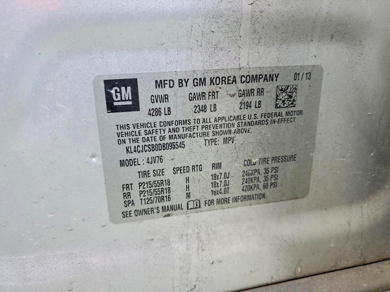 2013 Buick Encore Silver vin: KL4CJCSB0DB095545