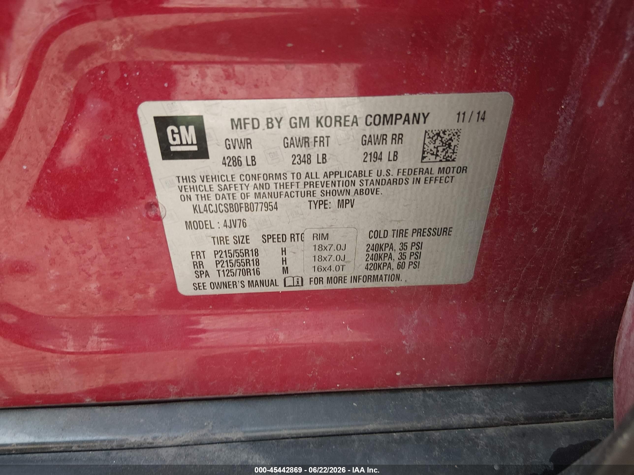 2015 Buick Encore Leather Red vin: KL4CJCSB0FB077954