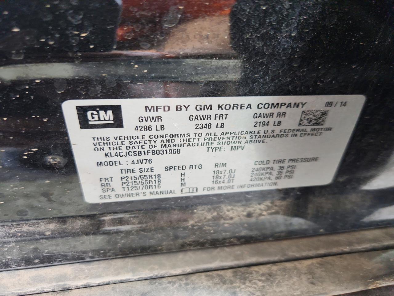 2015 Buick Encore Black vin: KL4CJCSB1FB031968