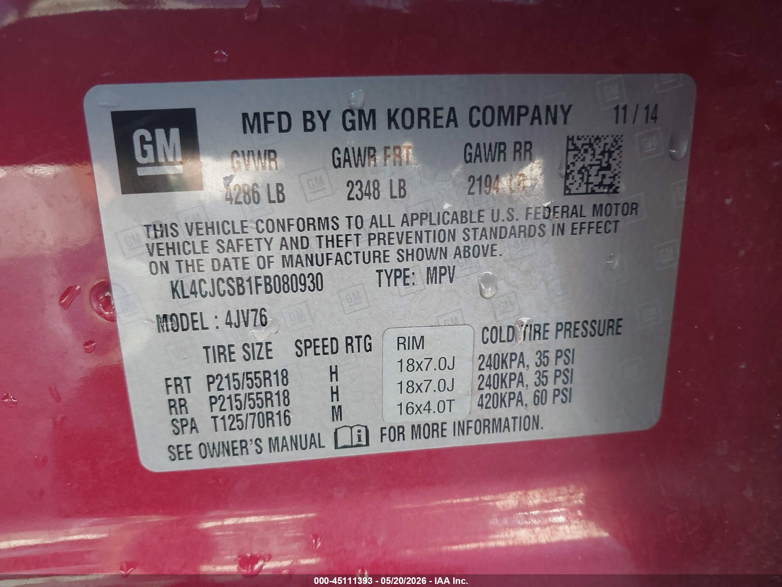 2015 Buick Encore Leather Красный vin: KL4CJCSB1FB080930