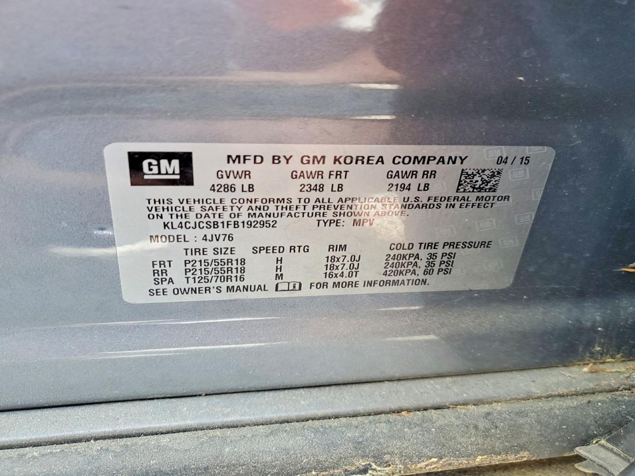 2015 Buick Encore Gray vin: KL4CJCSB1FB192952
