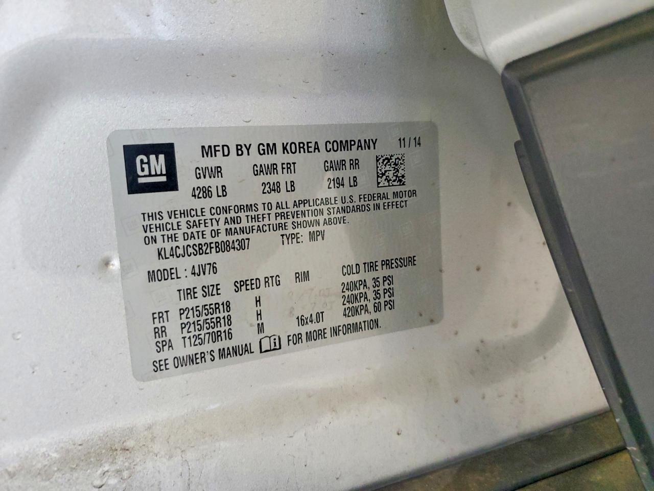 2015 Buick Encore Silver vin: KL4CJCSB2FB084307