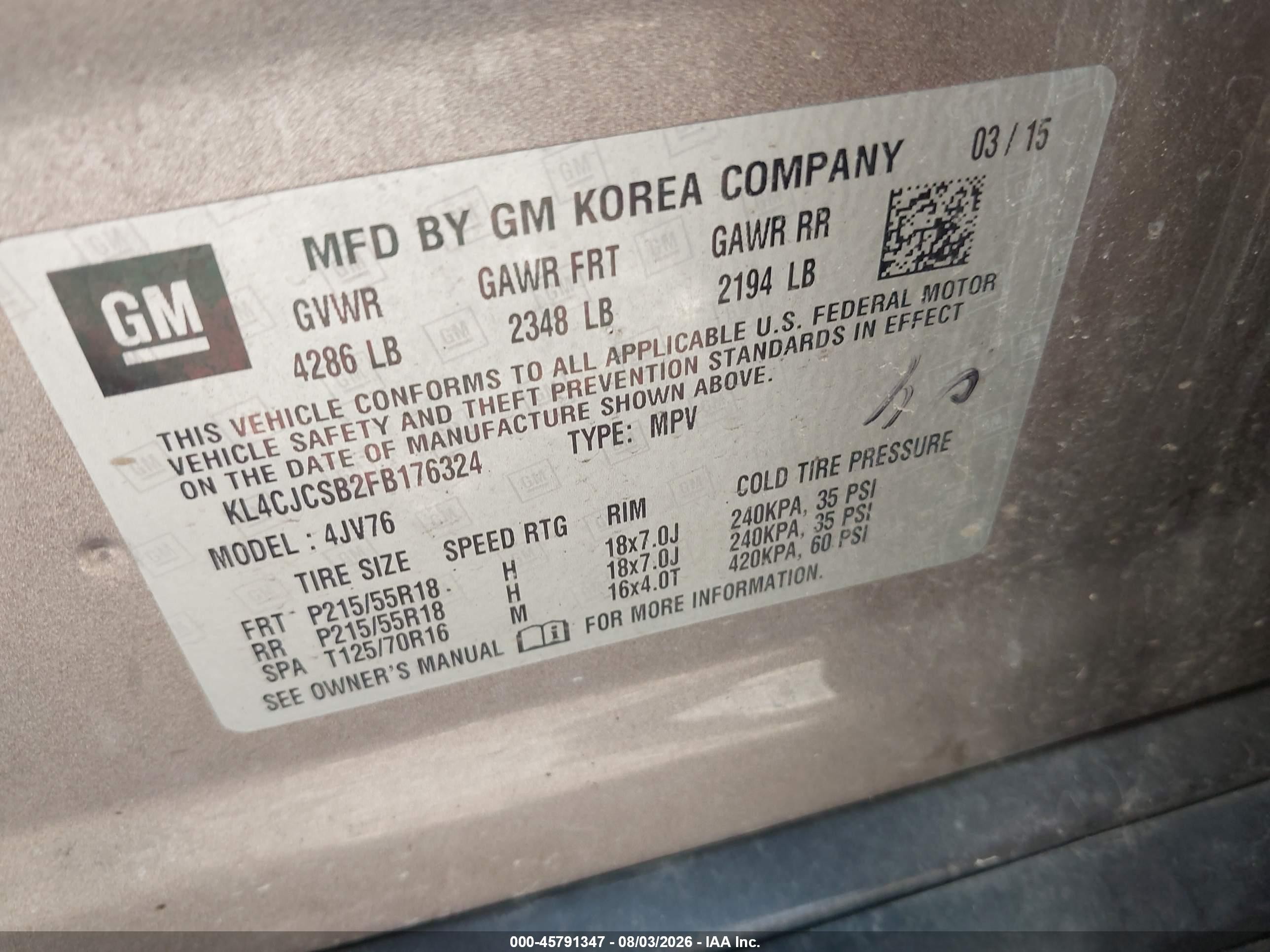 2015 Buick Encore Leather Gray vin: KL4CJCSB2FB176324