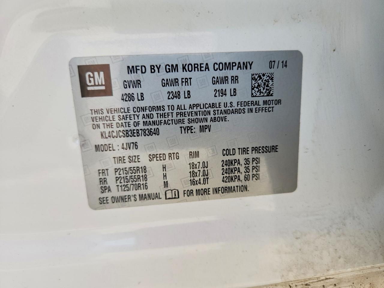 2014 Buick Encore White vin: KL4CJCSB3EB783640