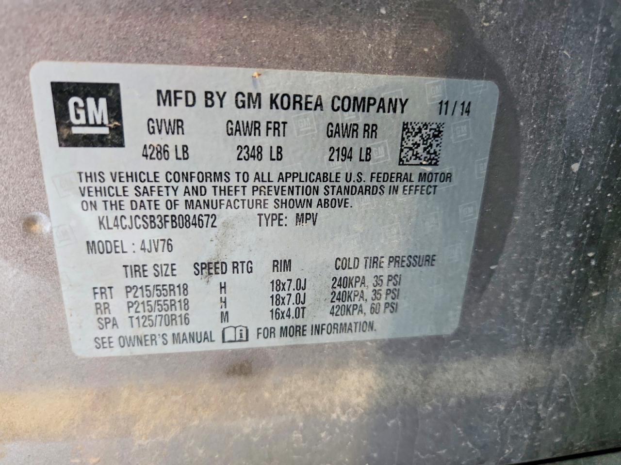 2015 Buick Encore Brown vin: KL4CJCSB3FB084672