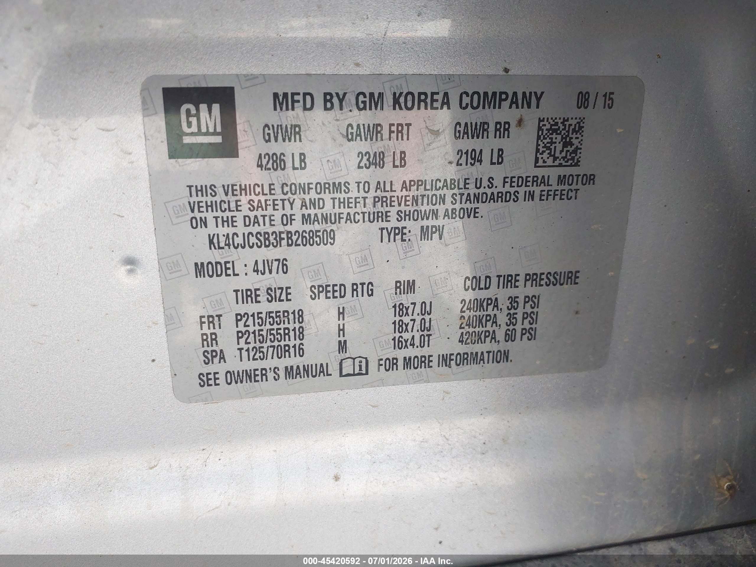 2015 Buick Encore Leather Серебряный vin: KL4CJCSB3FB268509