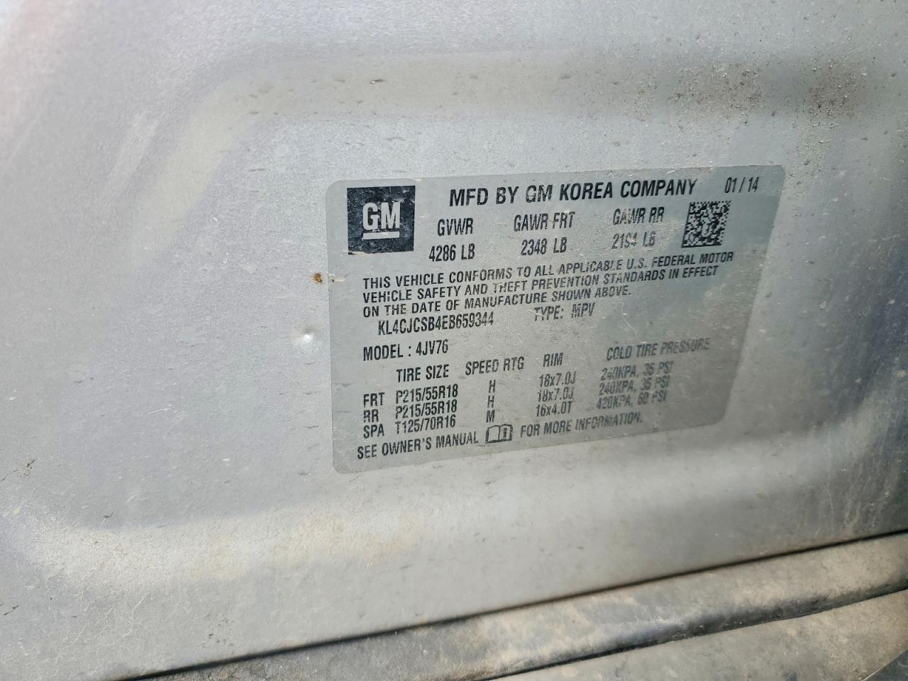 2014 Buick Encore Silver vin: KL4CJCSB4EB659344