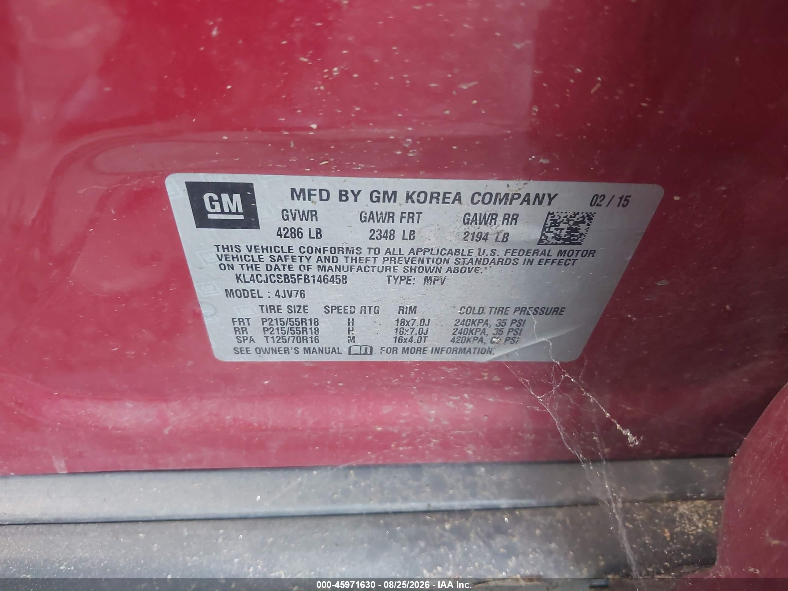2015 Buick Encore Leather Red vin: KL4CJCSB5FB146458