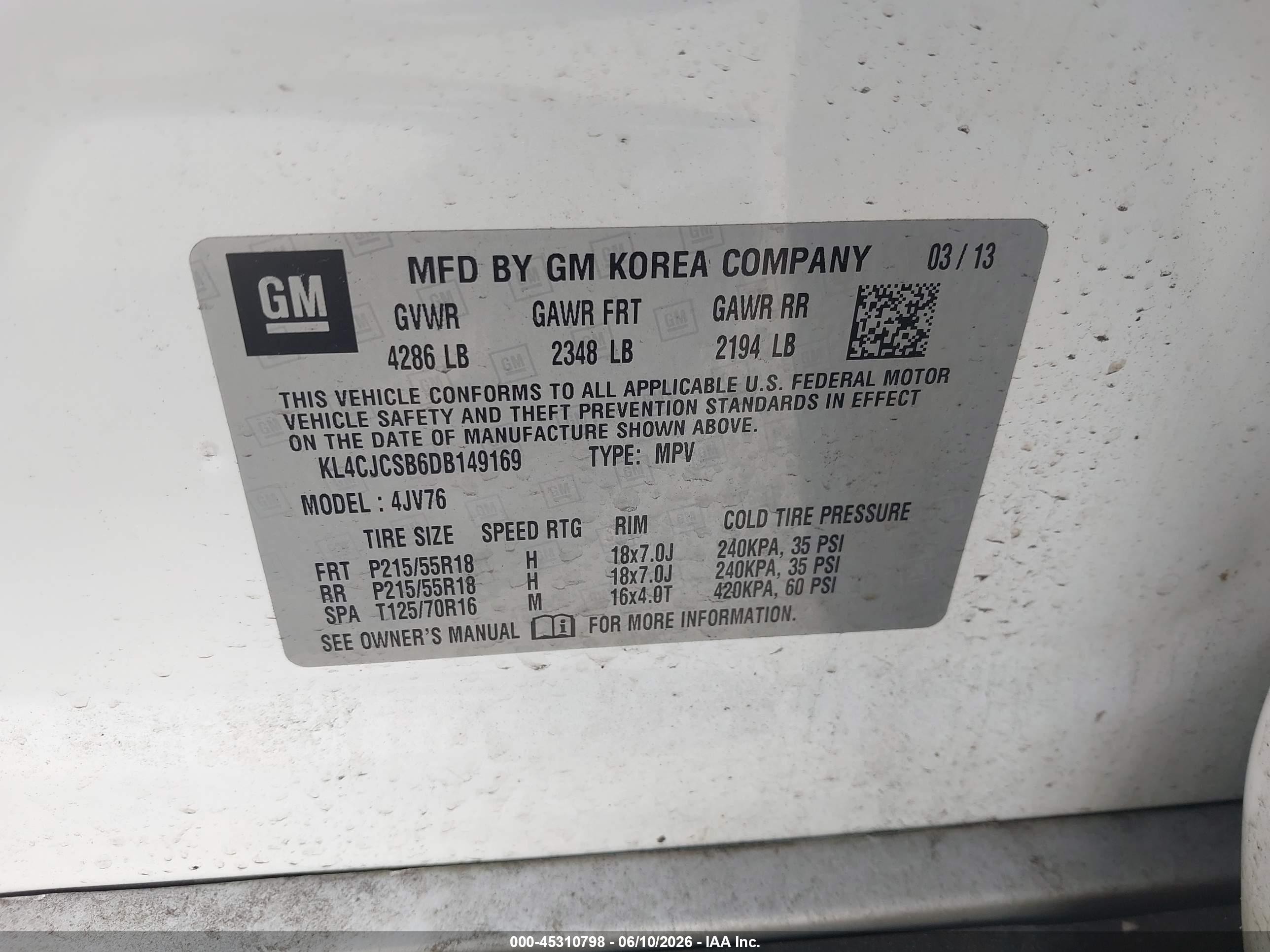 2013 Buick Encore Leather White vin: KL4CJCSB6DB149169