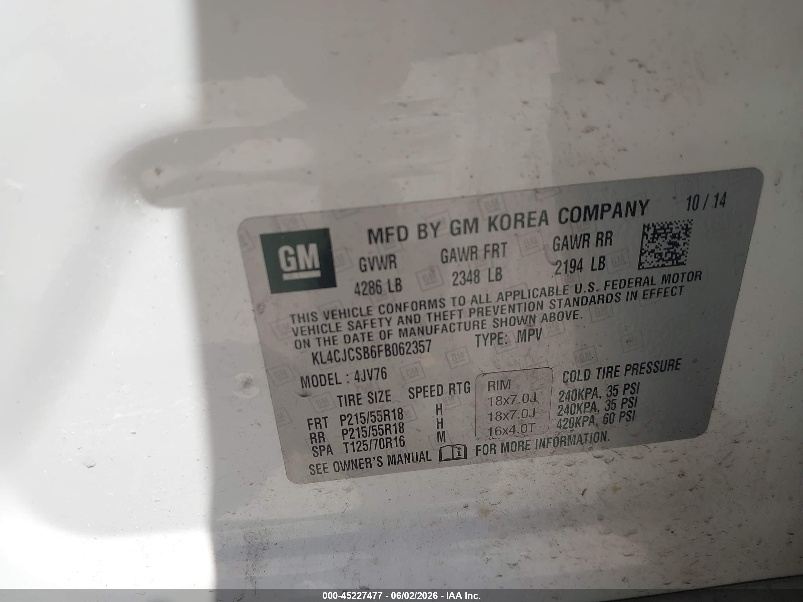 2015 Buick Encore Leather White vin: KL4CJCSB6FB062357