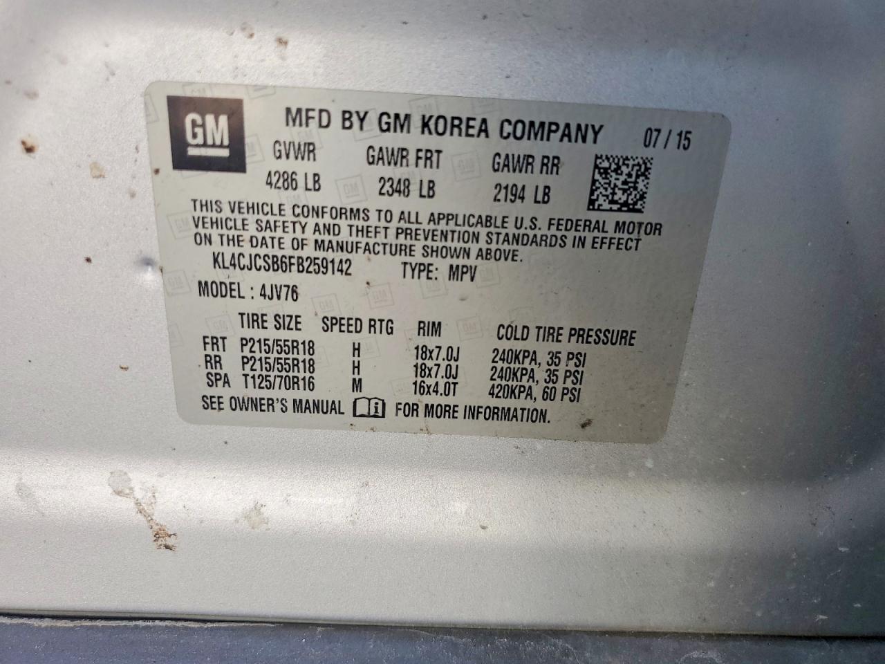 2015 Buick Encore Silver vin: KL4CJCSB6FB259142