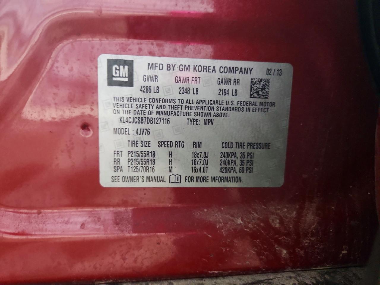 2013 Buick Encore Red vin: KL4CJCSB7DB127116