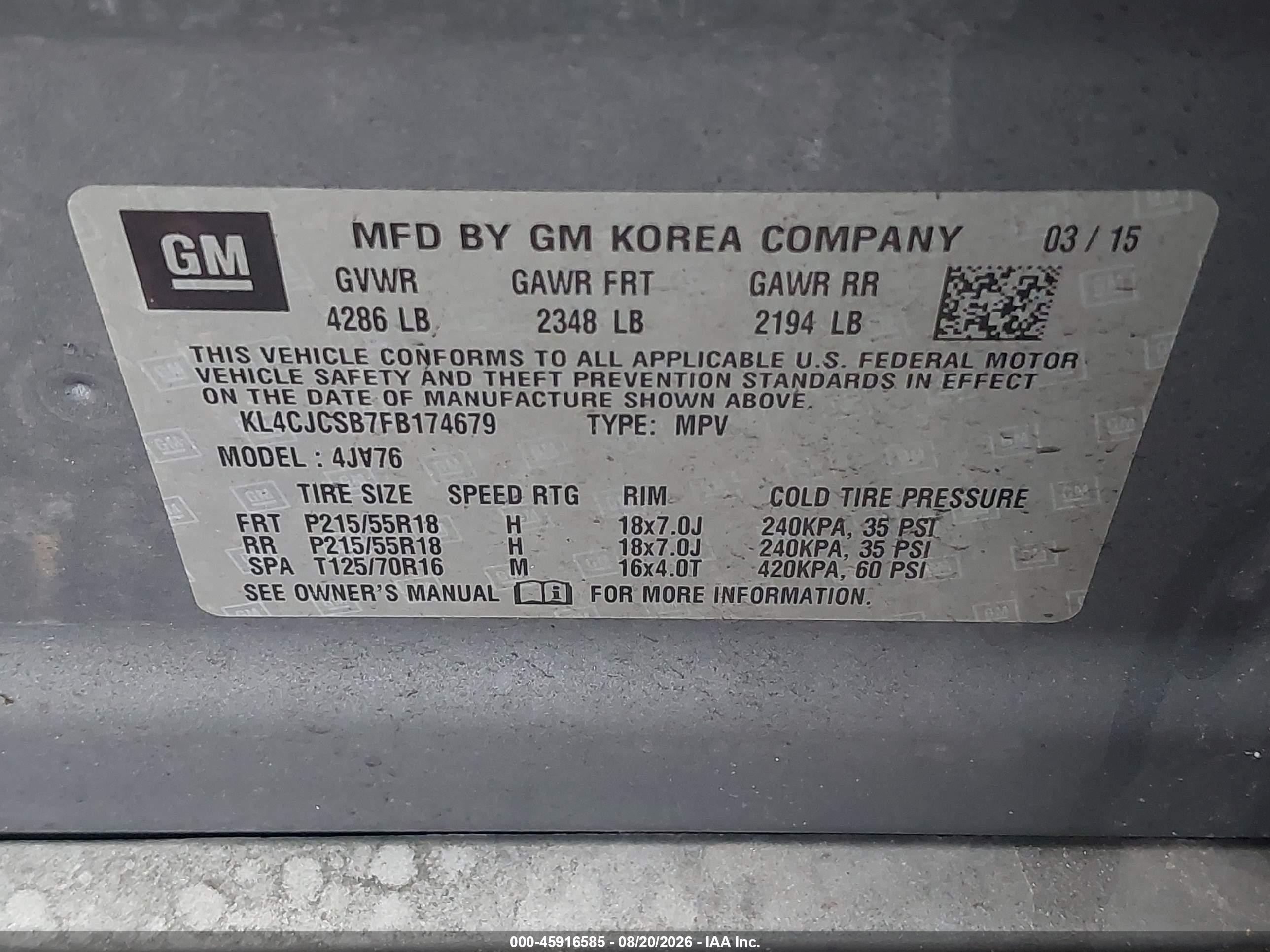 2015 Buick Encore Leather Gray vin: KL4CJCSB7FB174679
