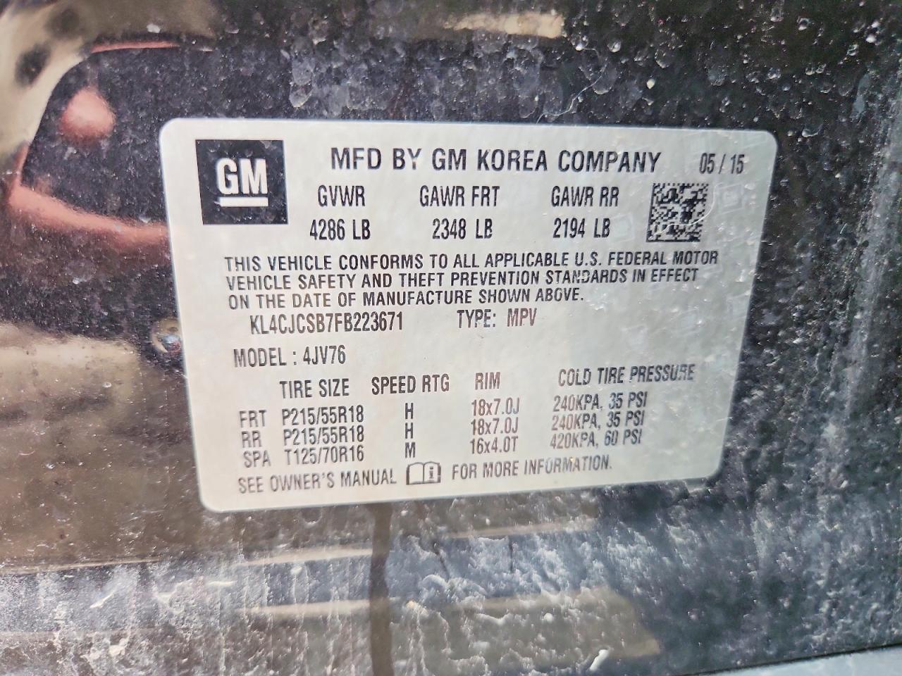 2015 Buick Encore Black vin: KL4CJCSB7FB223671