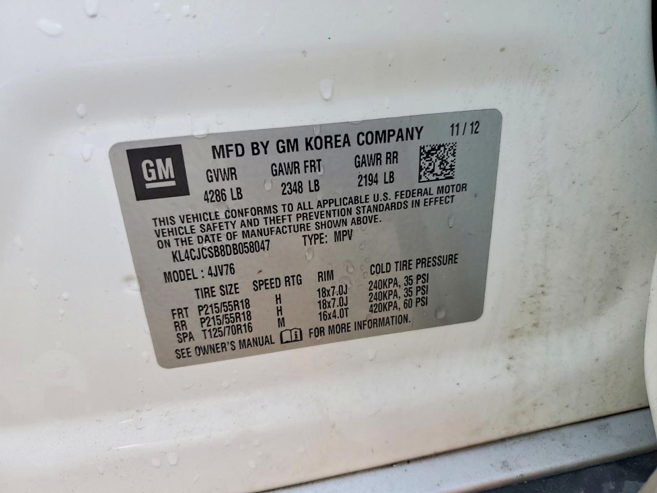 2013 Buick Encore White vin: KL4CJCSB8DB058047