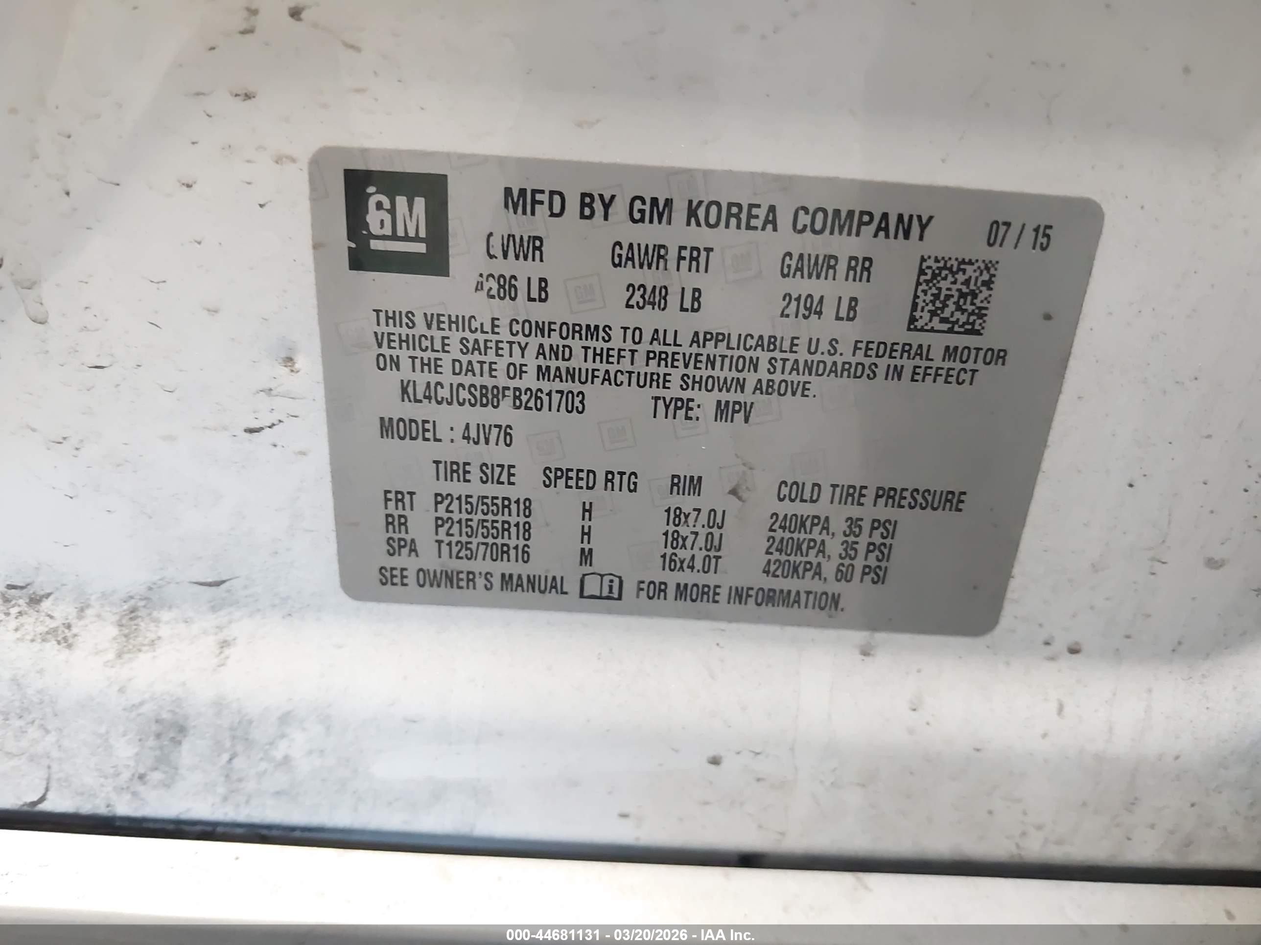 2015 Buick Encore Leather White vin: KL4CJCSB8FB261703