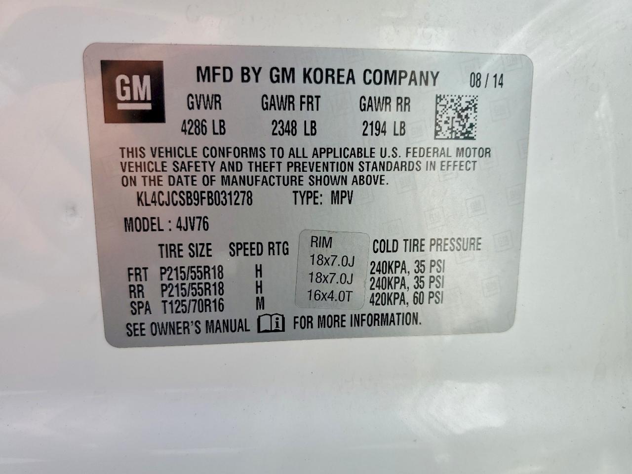 2015 Buick Encore White vin: KL4CJCSB9FB031278