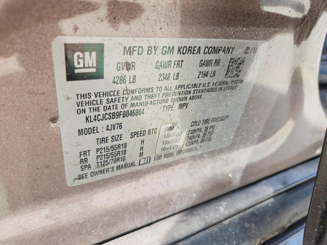 2015 Buick Encore Gray vin: KL4CJCSB9FB046864