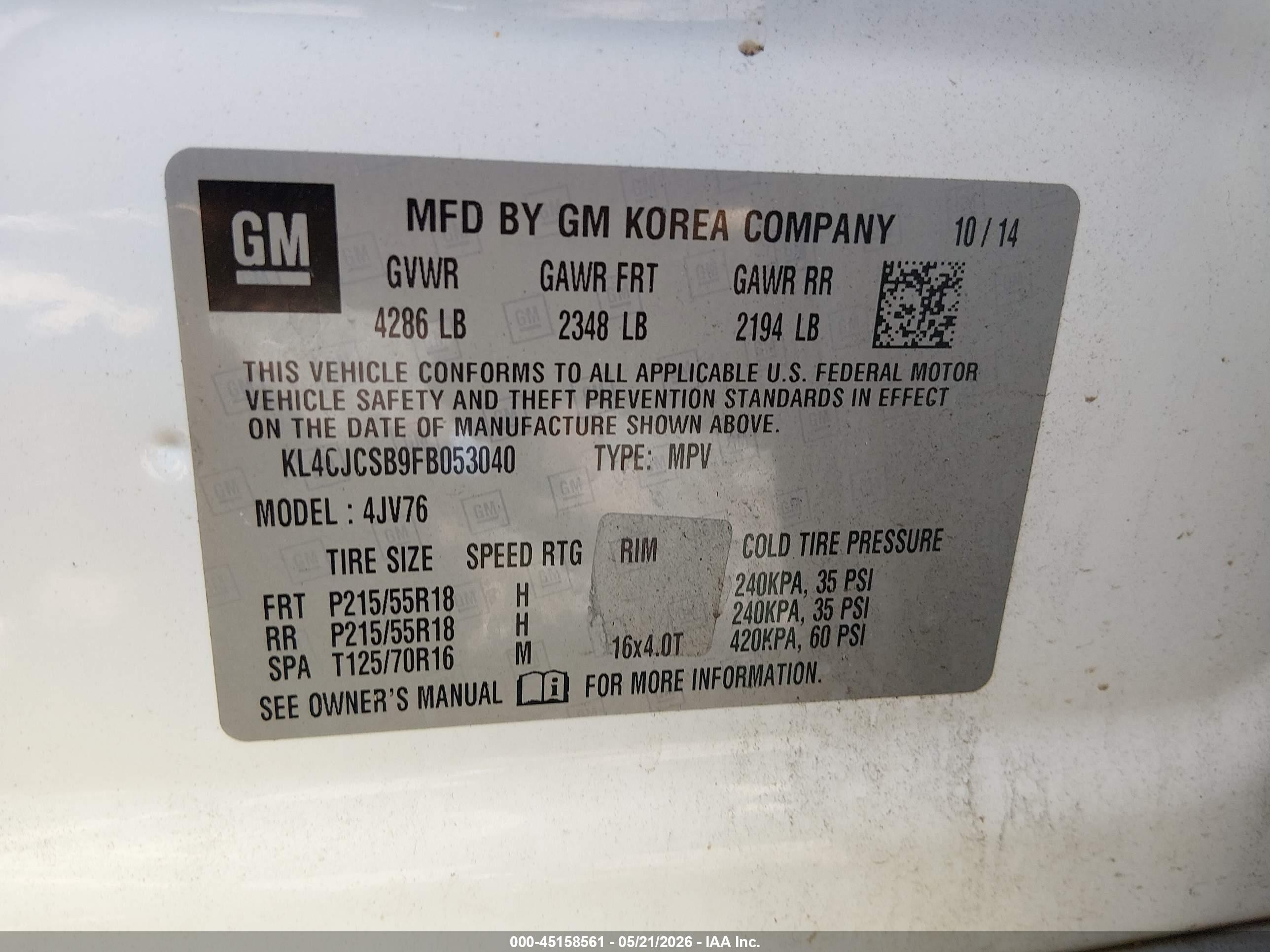 2015 Buick Encore Leather White vin: KL4CJCSB9FB053040