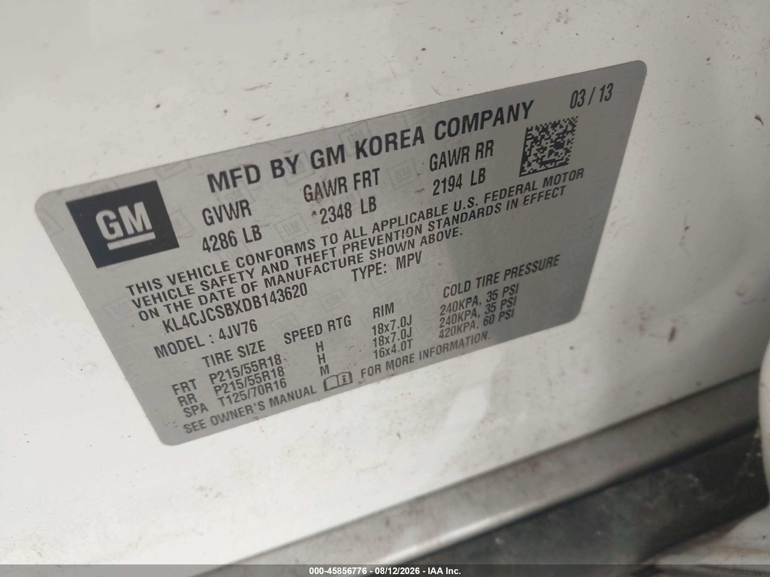 2013 Buick Encore   White vin: KL4CJCSBXDB143620