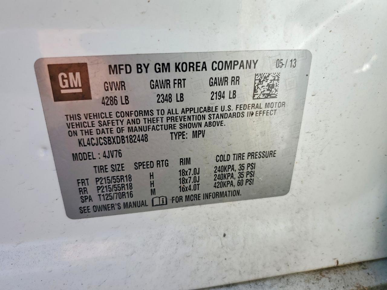 2013 Buick Encore White vin: KL4CJCSBXDB182448