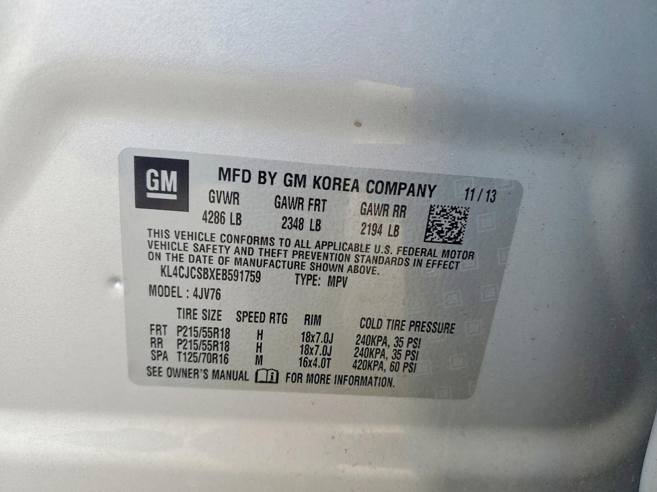 2014 Buick Encore Silver vin: KL4CJCSBXEB591759