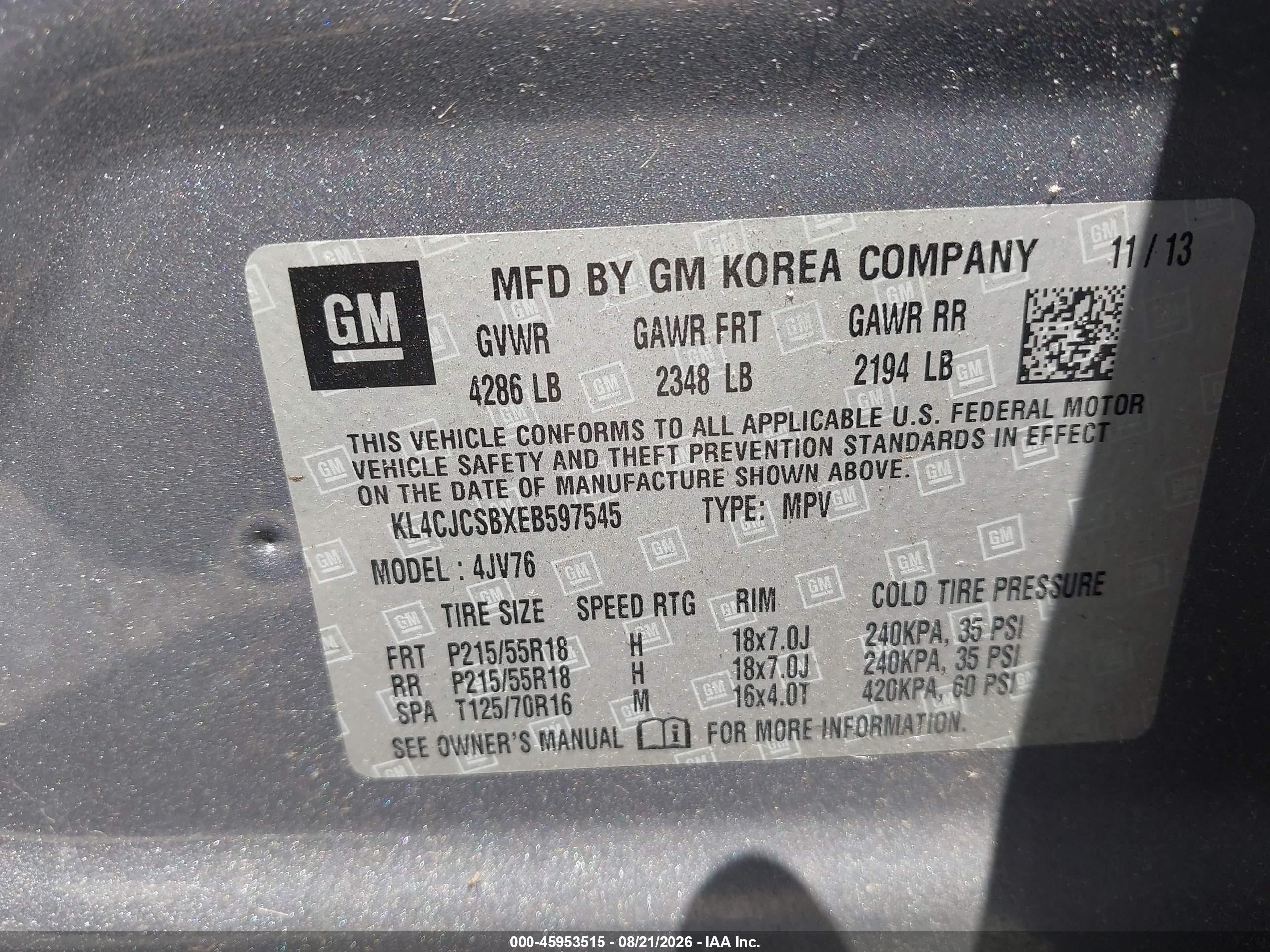2014 Buick Encore Leather Gray vin: KL4CJCSBXEB597545