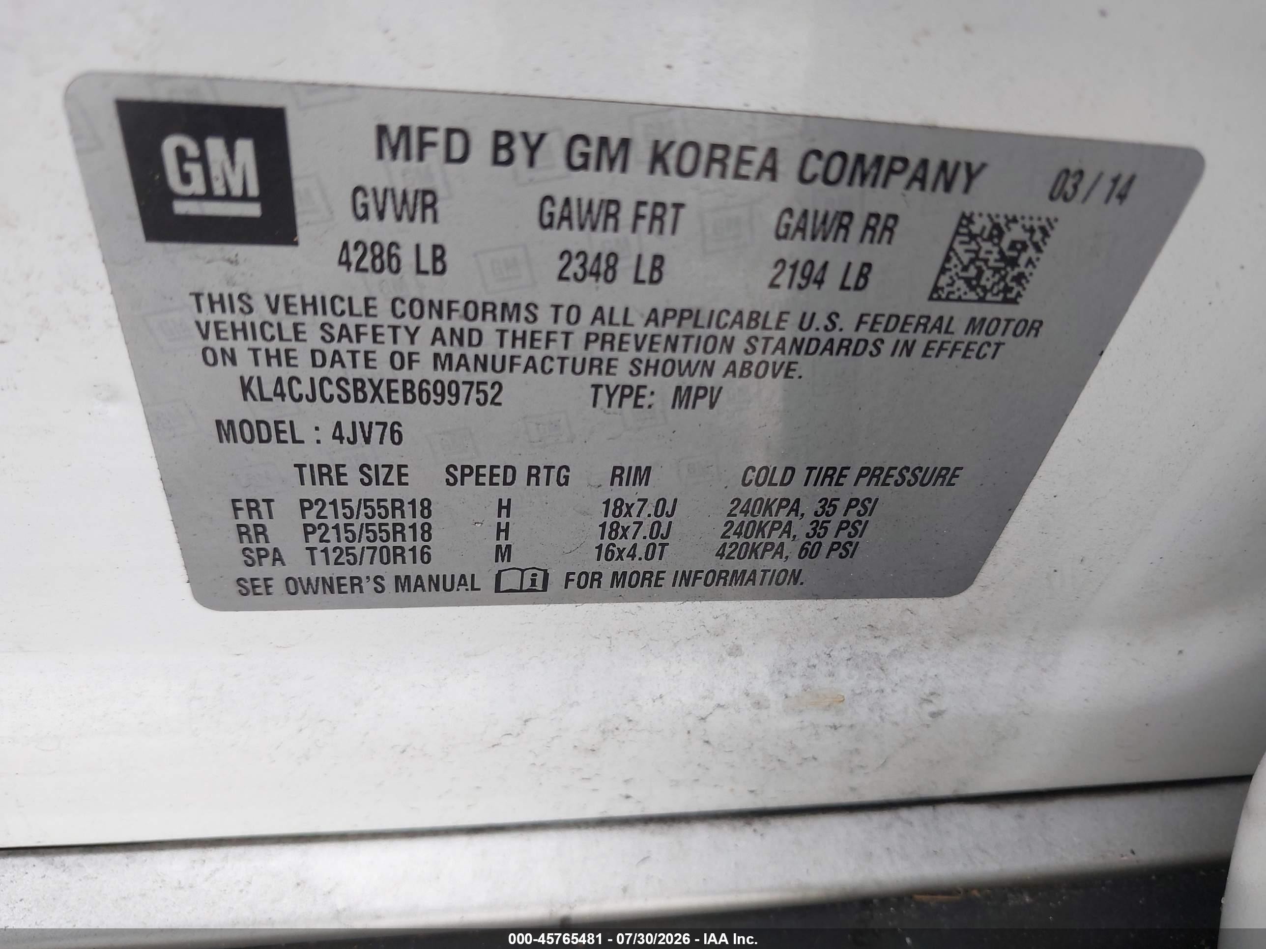 2014 Buick Encore Leather White vin: KL4CJCSBXEB699752