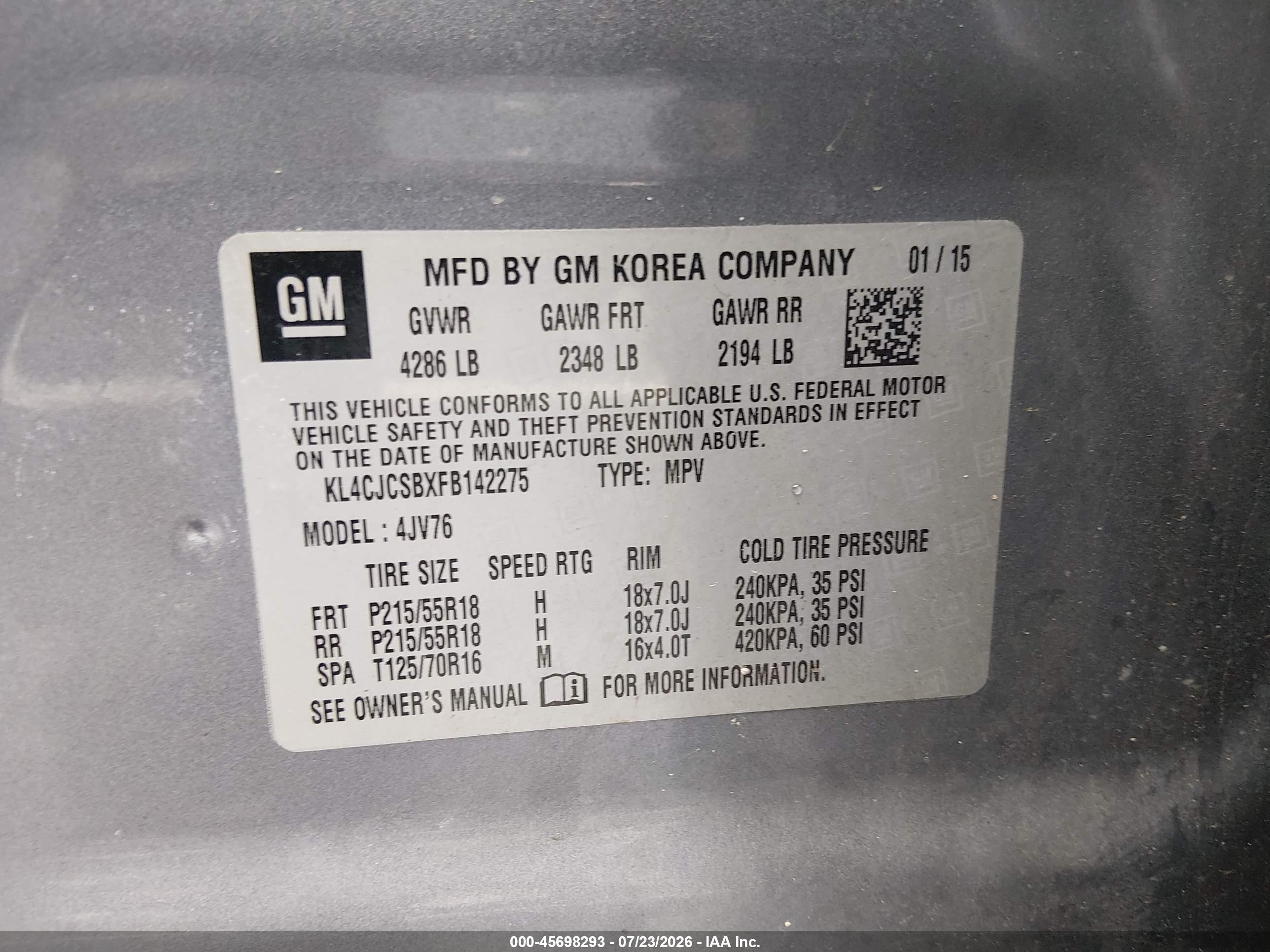 2015 Buick Encore Leather Gray vin: KL4CJCSBXFB142275